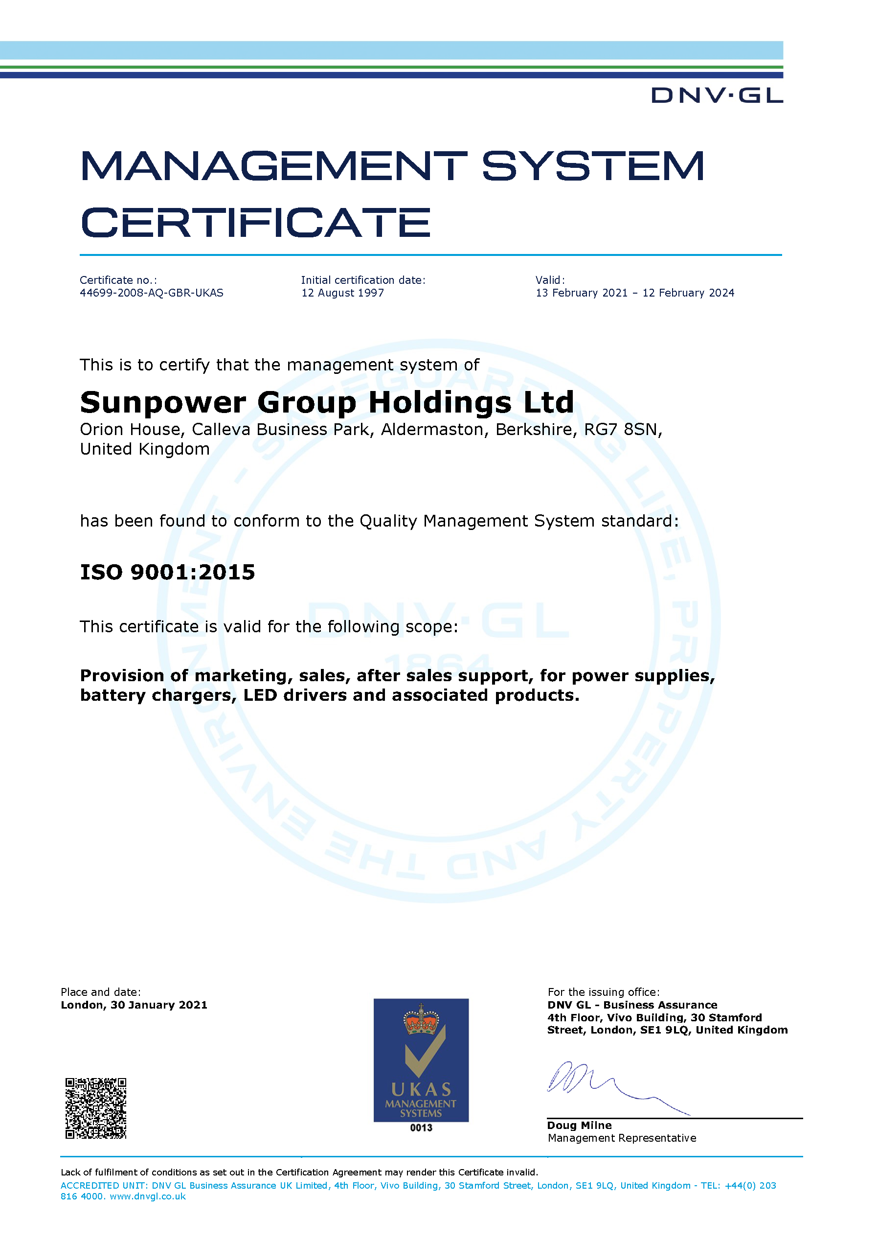 Sunpower BS-EN-ISO 9001:2015 Quality Management System Certificate